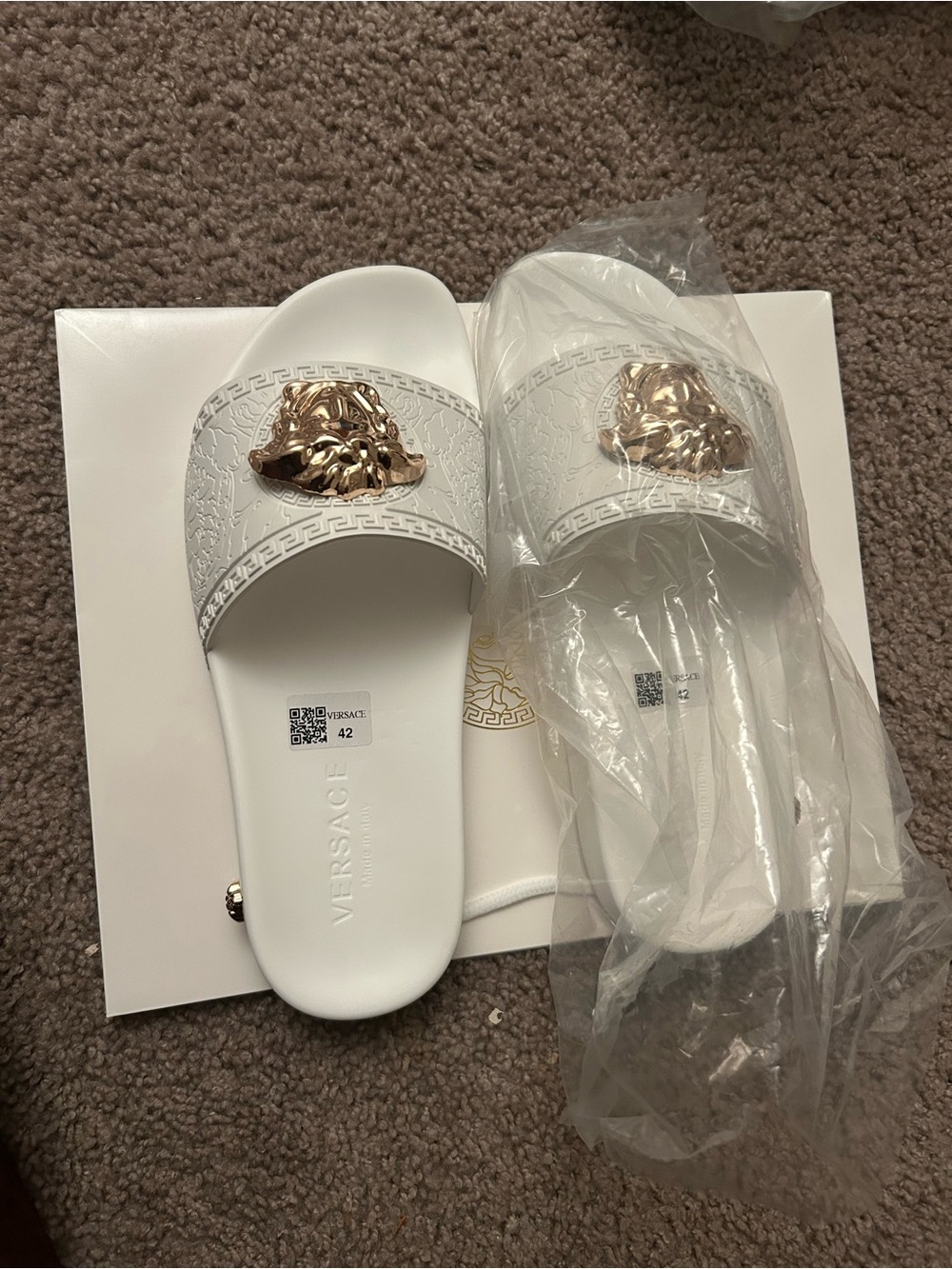 Versace White Slide Sandals with Gold Medusa Crest